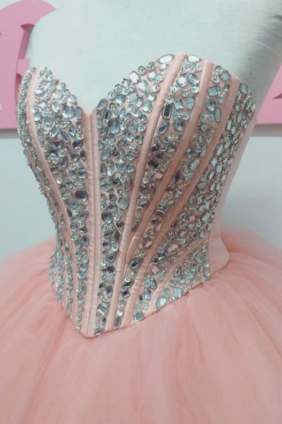 Sweetheart Neck Beaded Pink Tulle Long Prom Dresses, Strapless Pink Formal Dresses, Beaded Pink Evening Dresses