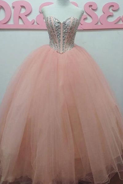 Sweetheart Neck Beaded Pink Tulle Long Prom Dresses, Strapless Pink Formal Dresses, Beaded Pink Evening Dresses