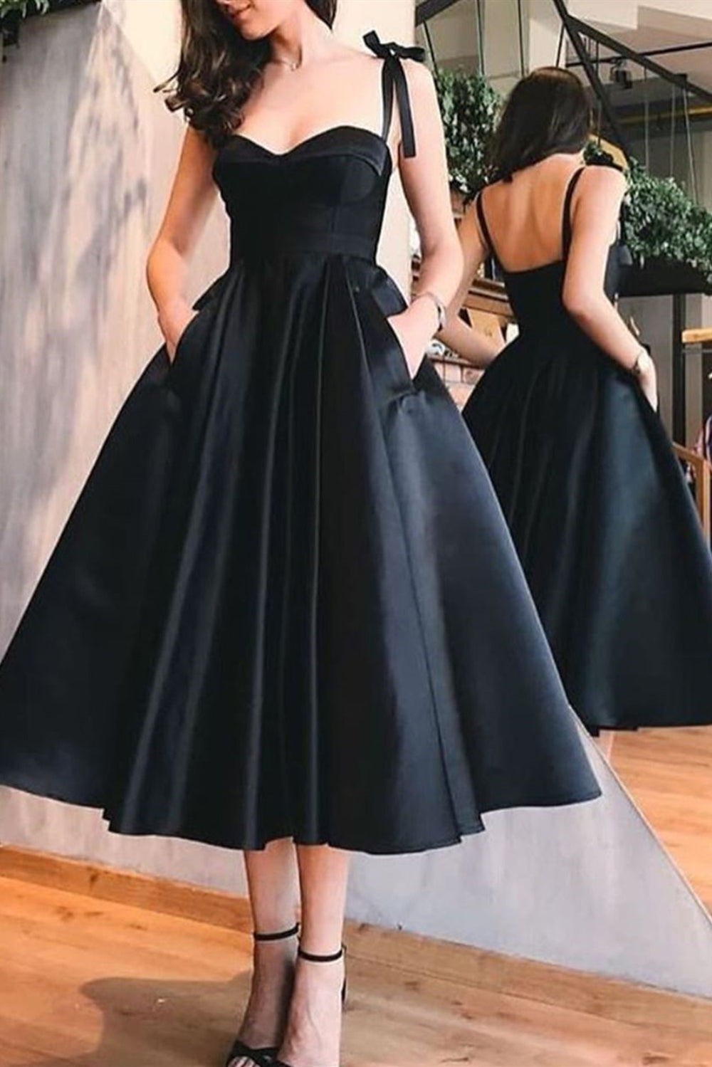 Sweetheart Neck Black Satin Tea Length Prom Dresses, Open Back Short B Lwt Dress Sweetheart Neck Black Satin Tea Length Prom Dresses, Open Back Short B Lwt Dress