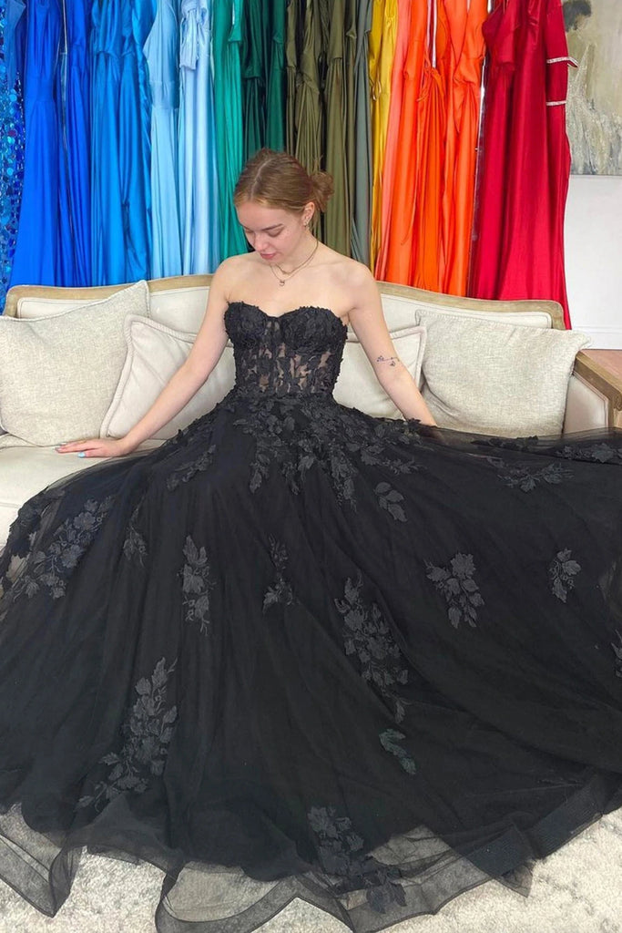 Sweetheart Neck Black Tulle Lace Floral Long Prom Dresses, Strapless B Lwt Dress Sweetheart Neck Black Tulle Lace Floral Long Prom Dresses, Strapless B Lwt Dress