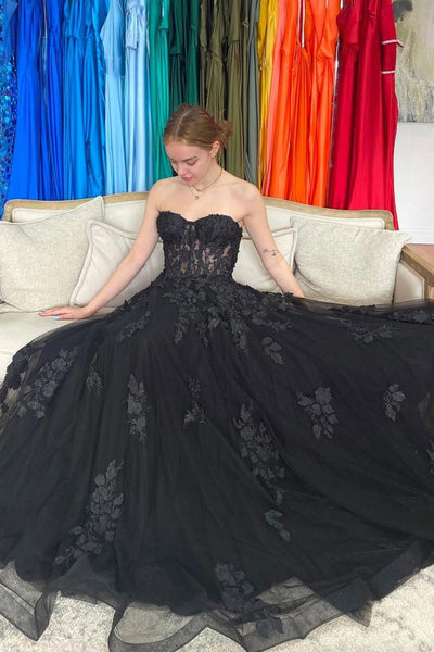 Sweetheart Neck Black Tulle Lace Floral Long Prom Dresses, Strapless Black Lace Formal Graduation Evening Dresses