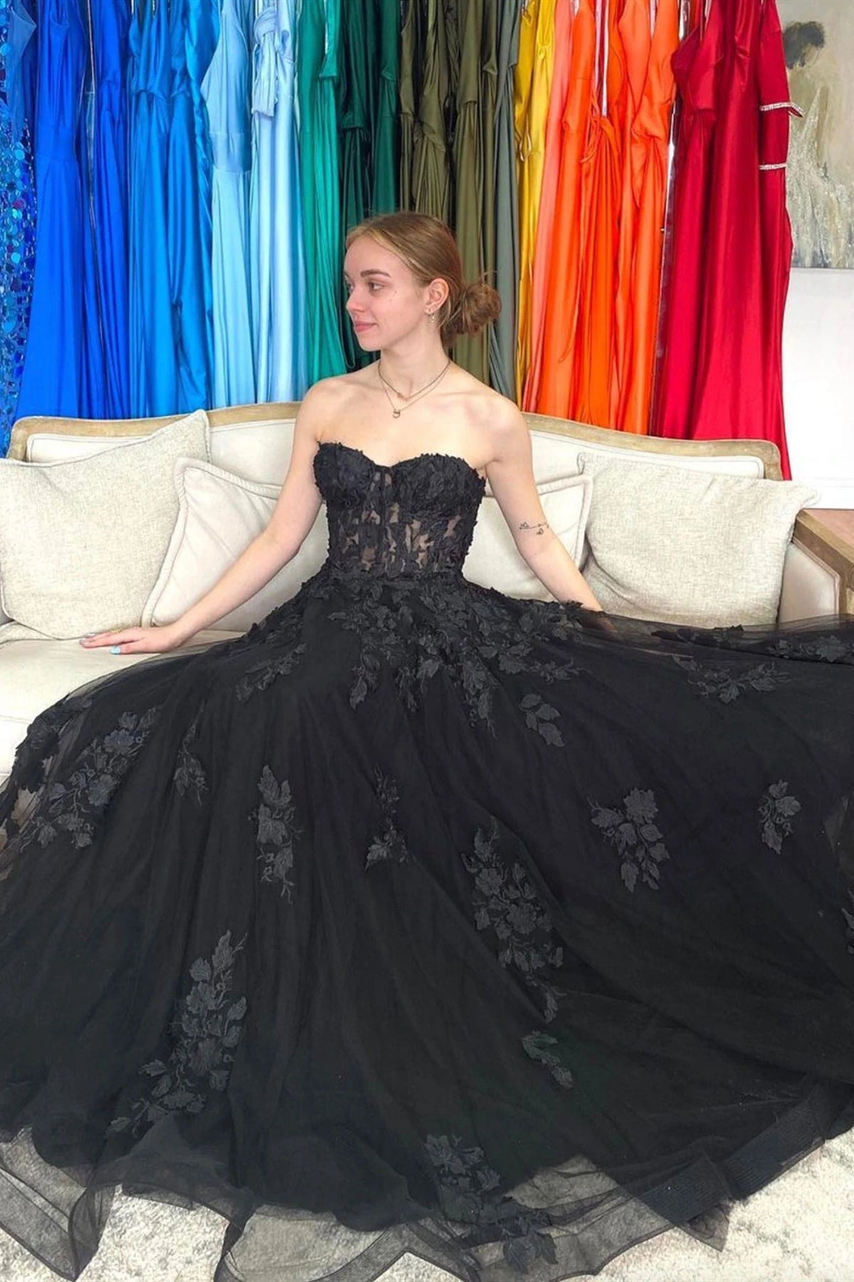 Sweetheart Neck Black Tulle Lace Floral Long Prom Dresses, Strapless B –  Lwt Dress
