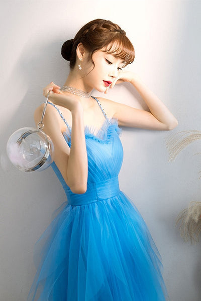 Sweetheart Neck Blue Tulle Long Prom Dresses, Thin Straps Blue Formal Dresses, Blue Evening Dresses
