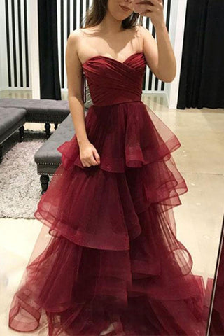 Sweetheart Neck Burgundy Tulle Layered Long Prom Dresses, Open Back Burgundy Formal Dresses, Strapless Burgundy Evening Dresses