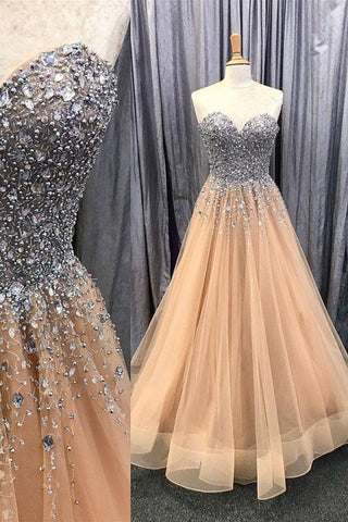 Sweetheart Neck Champagne Tulle Beaded Long Prom Dresses, Strapless Champagne Formal Dresses, Beaded Champagne Evening Dresses