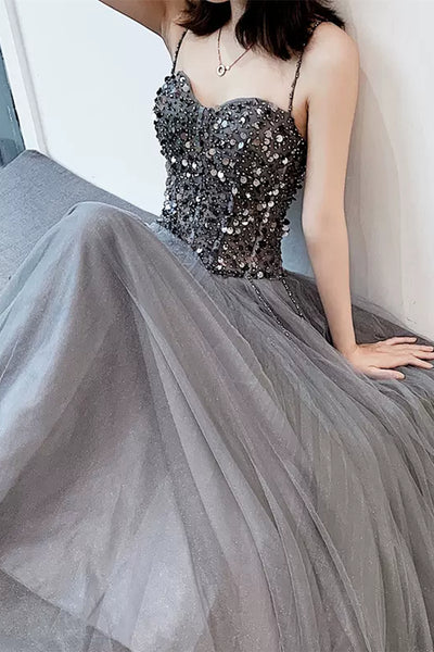 Sweetheart Neck Gray Sequins Beaded Tulle Long Prom Dresses, Grey Tulle Formal Graduation Evening Dresses WT1011