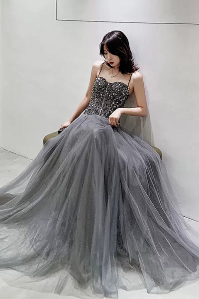 Sweetheart Neck Gray Sequins Beaded Tulle Long Prom Dresses, Grey Tulle Formal Graduation Evening Dresses WT1011