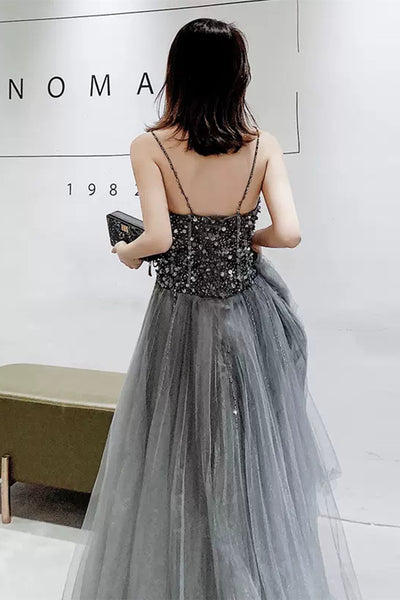 Sweetheart Neck Gray Sequins Beaded Tulle Long Prom Dresses, Grey Tulle Formal Graduation Evening Dresses WT1011