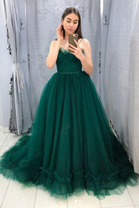 Sweetheart Neck Green Tulle Long Prom Dresses, Long Green Tulle Formal Evening Dresses