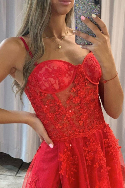 Sweetheart Neck High Slit Red Lace Long Prom Dresses, Red Lace Formal Dresses, Red Evening Dresses