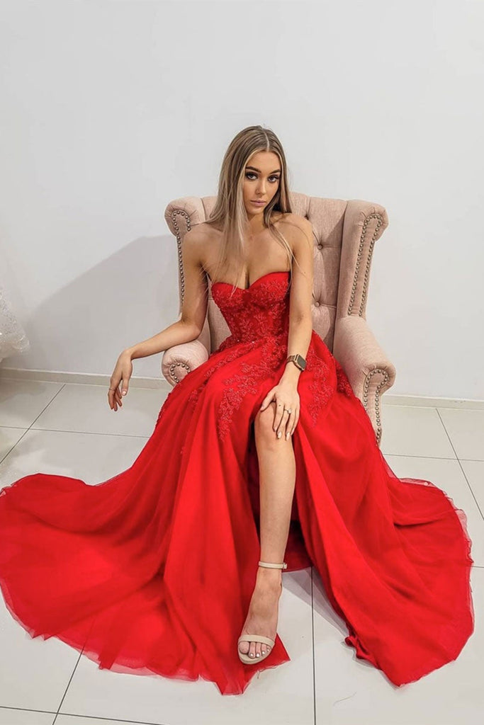 Sweetheart Neck High Slit Red Lace Long Prom Dresses, Strapless Red Fo Lwt Dress Sweetheart Neck High Slit Red Lace Long Prom Dresses, Strapless Red Fo Lwt Dress