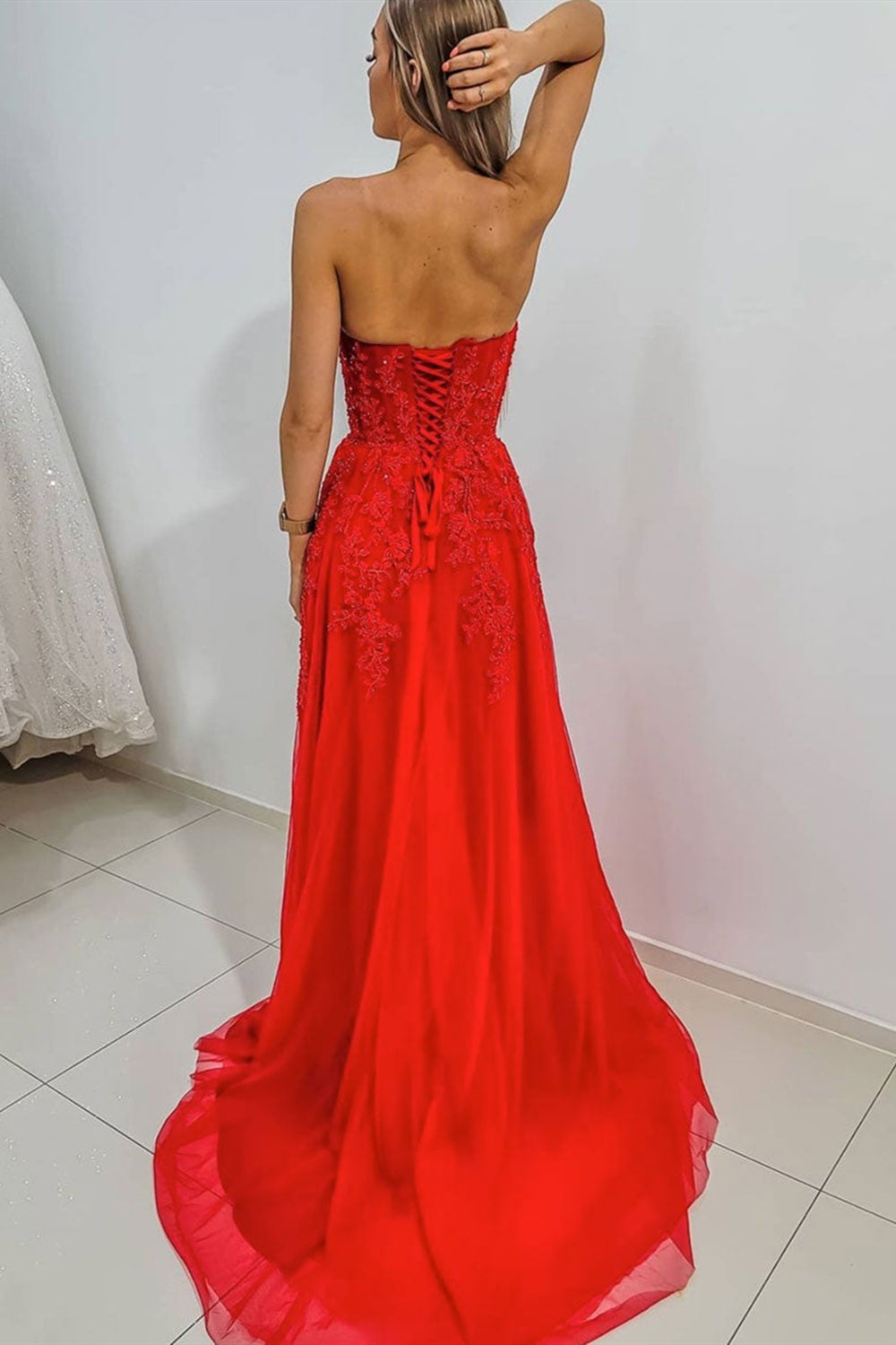 Sweetheart Neck High Slit Red Lace Long Prom Dresses, Strapless Red Fo   Lwt Dress