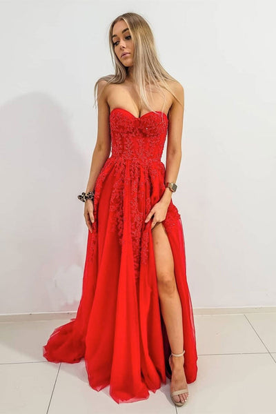 Sweetheart Neck High Slit Red Lace Long Prom Dresses, Strapless Red Formal Dresses, Red Lace Evening Dresses