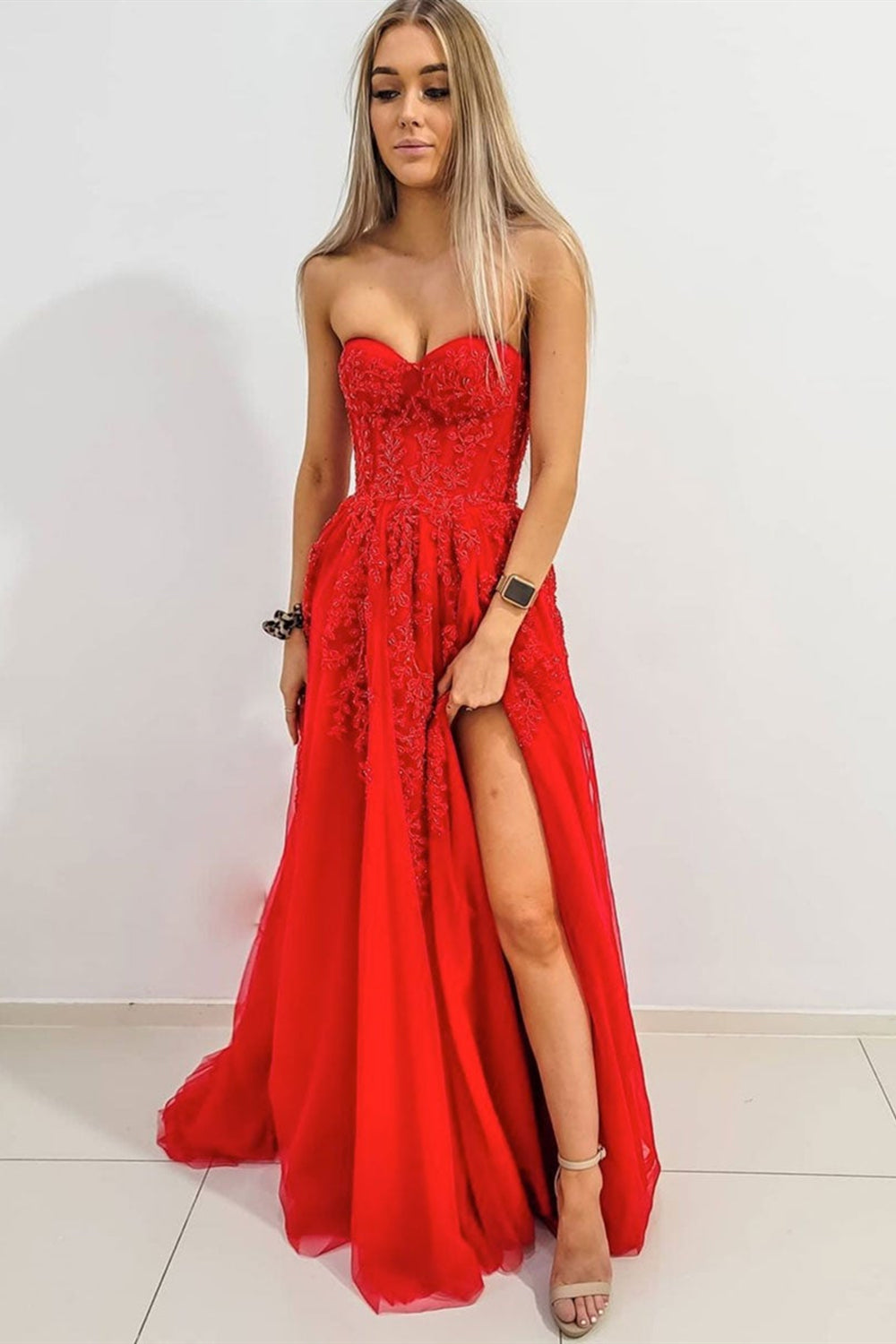 Sweetheart Neck High Slit Red Lace Long Prom Dresses, Strapless