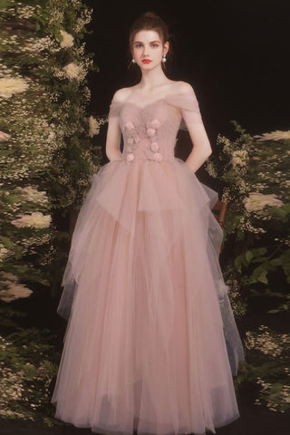 Sweetheart Neck Off Shoulder Pink Long Prom Dresses with Flowers, Long Pink Formal Evening Dresses