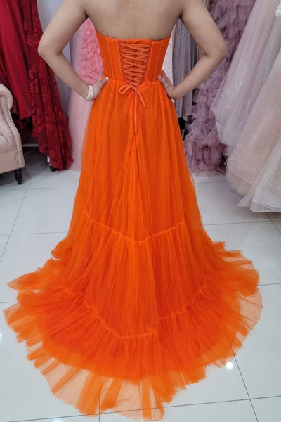 Sweetheart Neck Orange Tulle Long Prom Dresses, Strapless Orange Formal Dresses, Orange Evening Dresses