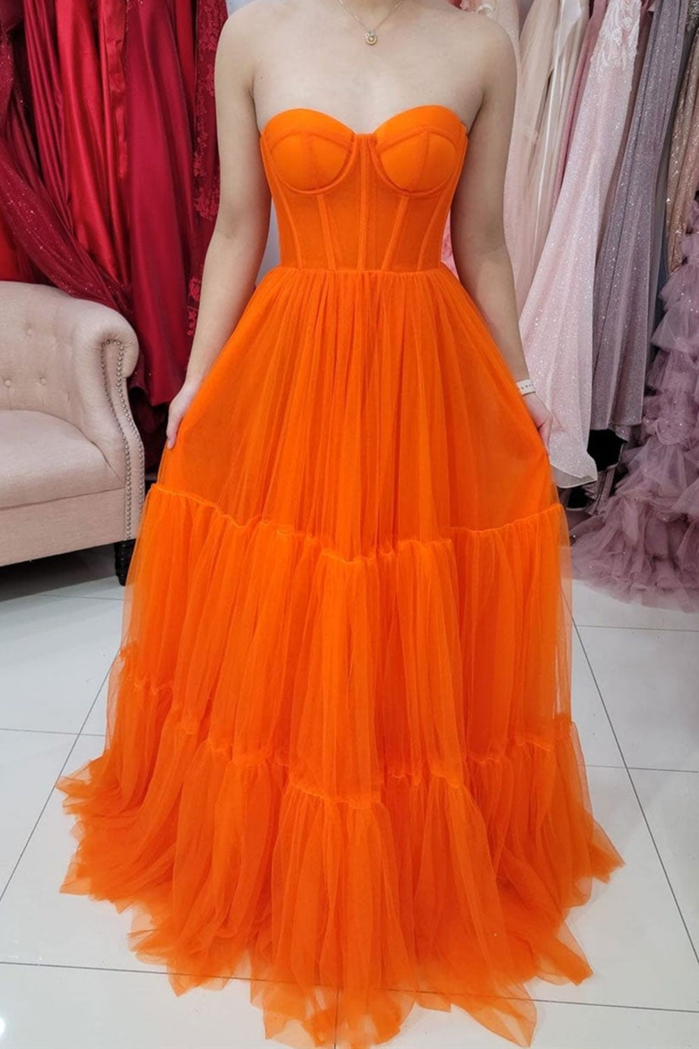 Sweetheart Neck Orange Tulle Long Prom Dresses, Strapless Orange Forma Lwt Dress Sweetheart Neck Orange Tulle Long Prom Dresses, Strapless Orange Forma Lwt Dress