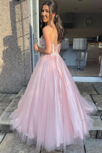Sweetheart Neck Pink Lace Long Prom Dresses, Open Back Pink Formal Dresses, Pink Lace Evening Dresses