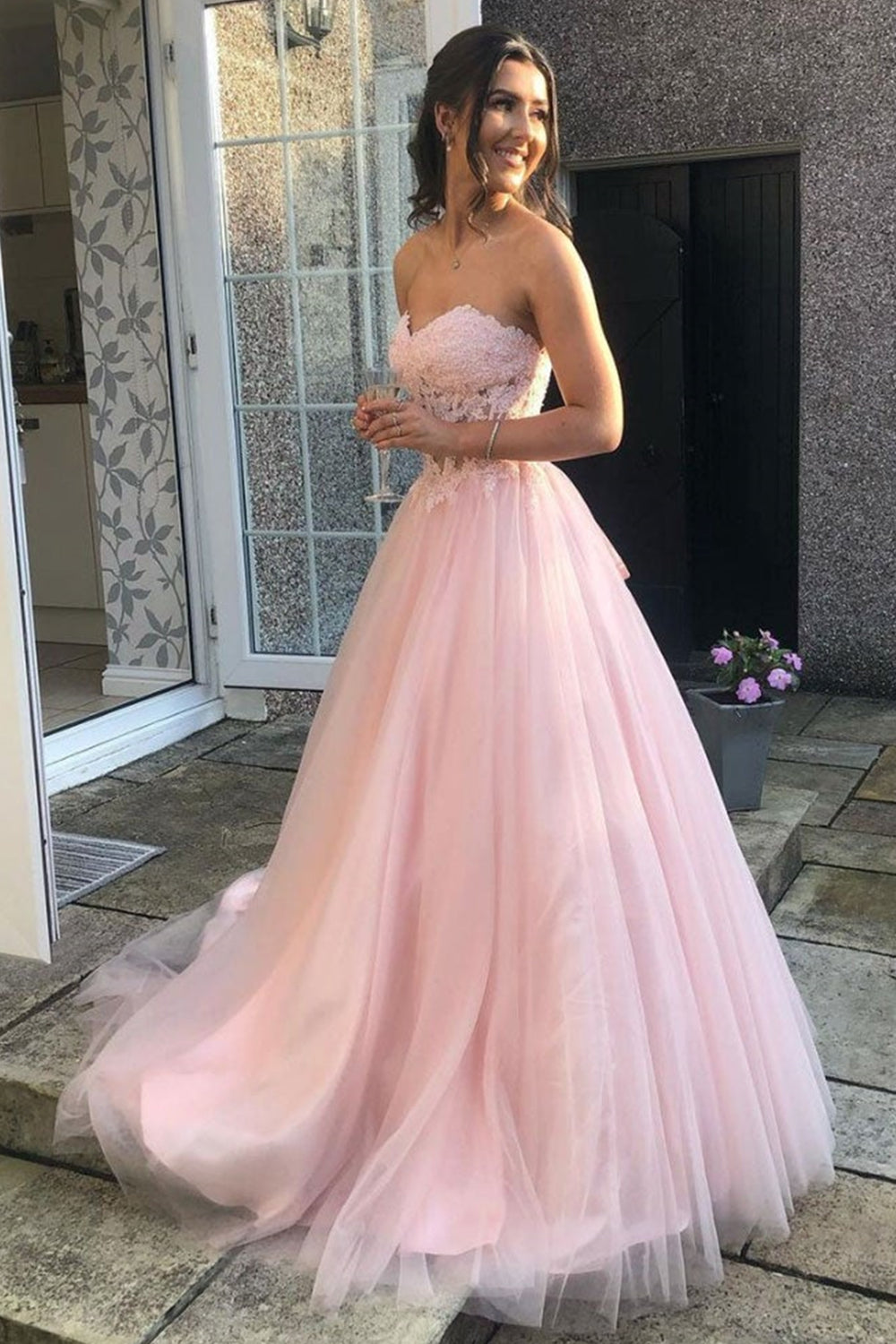Elegant Pink Lace Evening Dresses V Neck Bow Belt A-Line Floor Length Formal  Prom Party Gowns Long Sleeves Custom Made 2023