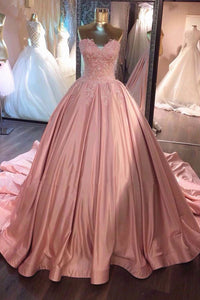Sweetheart Neck Pink Lace Long Prom Dresses with Train, Long Pink Lace Formal Evening Dresses, Pink Satin Ball Gown