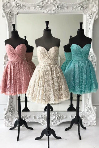 Sweetheart Neck Pink Lace Short Prom Dresses, Champagne Lace Homecoming Dresses, Strapless Green Formal Evening Dresses