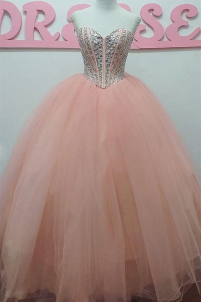 Sweetheart Neck Pink Tulle Beaded Long Prom Dresses, Strapless Pink Formal Evening Dresses with Beading