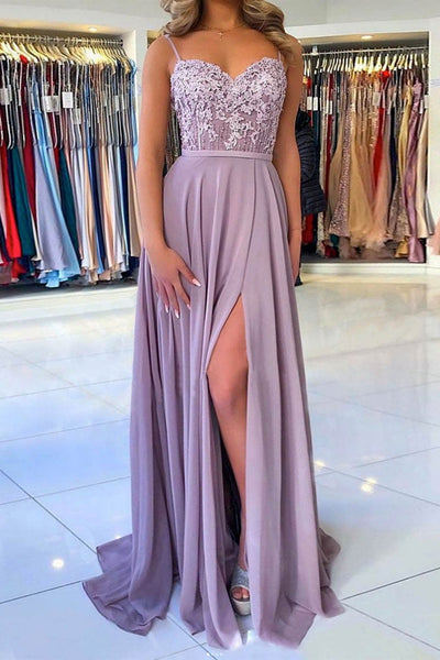 Sweetheart Neck Purple Lace Chiffon Long Prom Dresses with High Slit, Purple Lace Bridesmaid Dresses, Purple Formal Evening Dresses