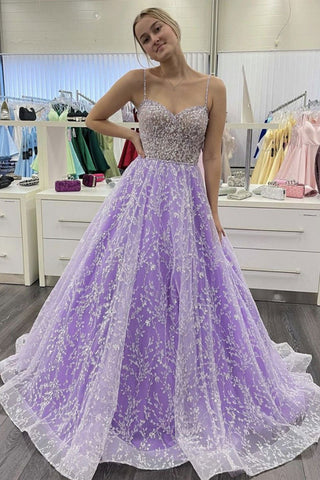 Sweetheart Neck Purple Lace long Prom Dresses, Open Back Purple Formal Dresses, Purple Lace Evening Dresses