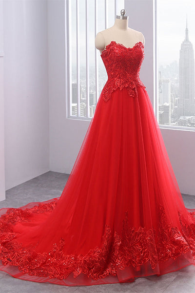 Sweetheart Neck Red/Light Blue Lace Tulle Long Prom Dresses, Strapless Red/Blue Lace Formal Evening Dresses