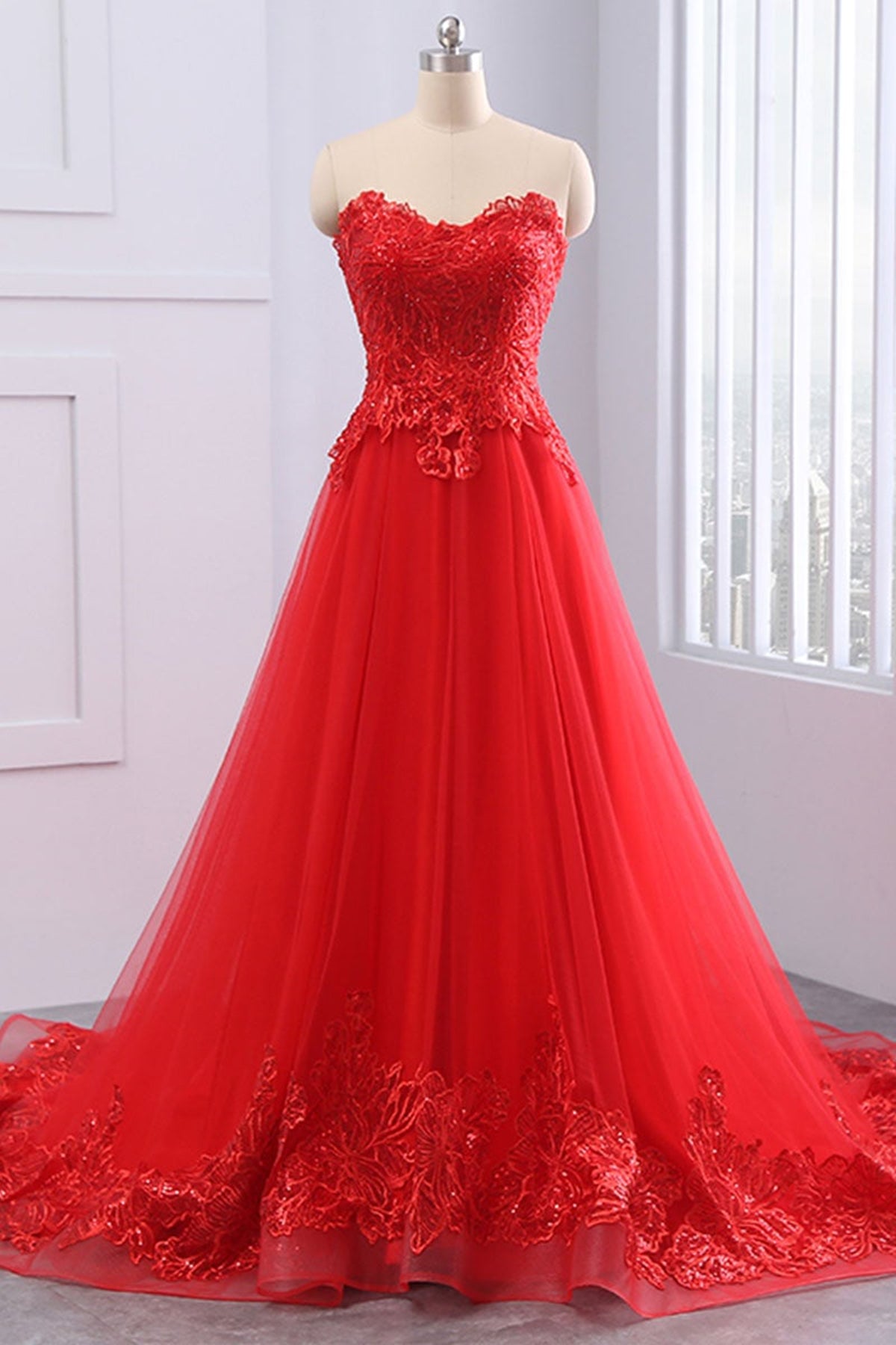 Sweetheart Neck Red/Light Blue Lace Tulle Long Prom Dresses, Strapless Red/Blue Lace Formal Evening Dresses