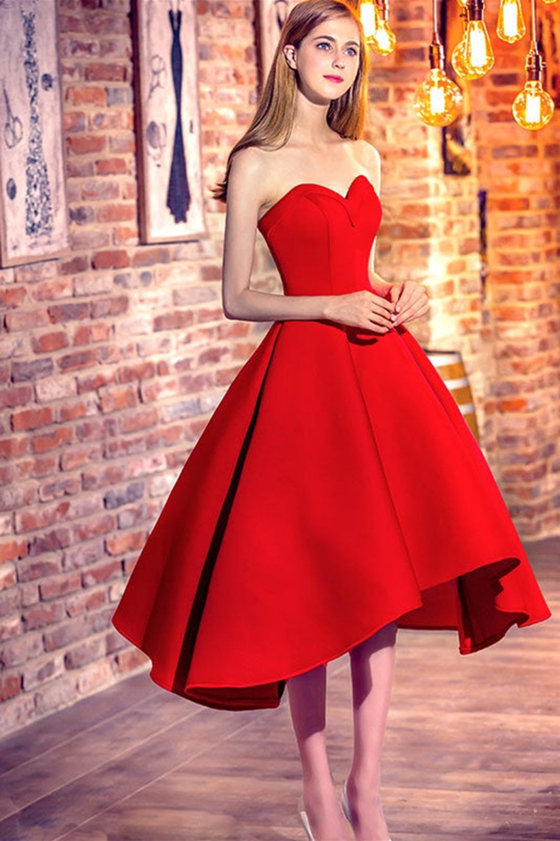 Sweetheart Neck Red Satin Short Prom Homecoming Dresses, Strapless Red Lwt Dress Sweetheart Neck Red Satin Short Prom Homecoming Dresses, Strapless Red Lwt Dress