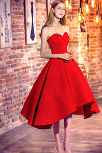 Sweetheart Neck Red Satin Short Prom Homecoming Dresses, Strapless Red Formal Graduation Evening Dresses