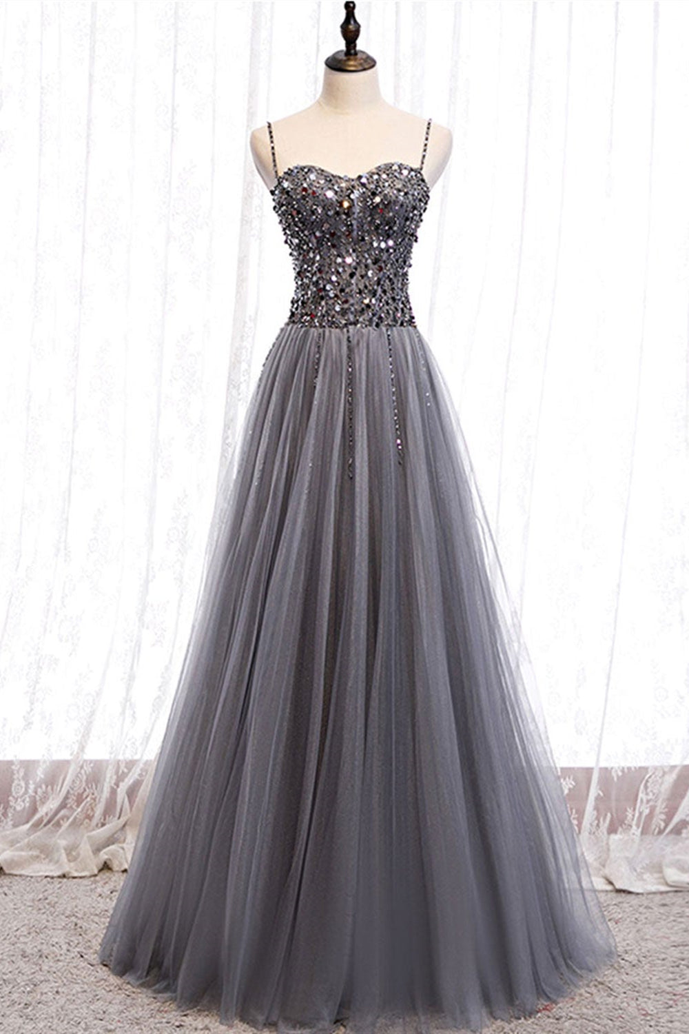 Sweetheart Neck Shiny Sequins Gray Long Prom Dresses, Gray Sequins Formal Dresses, Sparkly Grey Evening Dresses