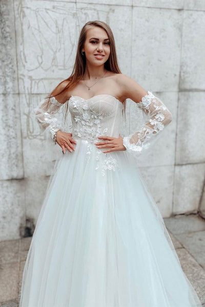 Sweetheart Neck White Lace Tulle Long Prom Wedding Dresses, White Lace Formal Dresses, White Evening Dresses