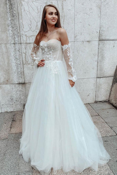 Sweetheart Neck White Lace Tulle Long Prom Wedding Dresses, White Lace Formal Dresses, White Evening Dresses