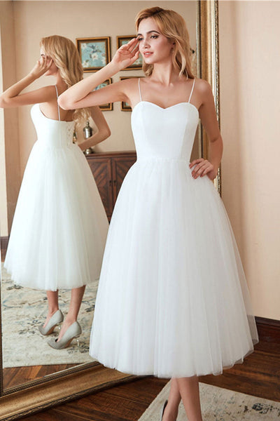 Sweetheart Neck White Tulle Tea Length Prom Dresses, White Formal Evening Dresses