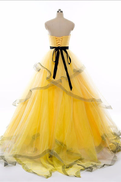 Sweetheart Neck Yellow Tulle Long Prom Dresses, Strapless Yellow Formal Dresses, Yellow Evening Dresses