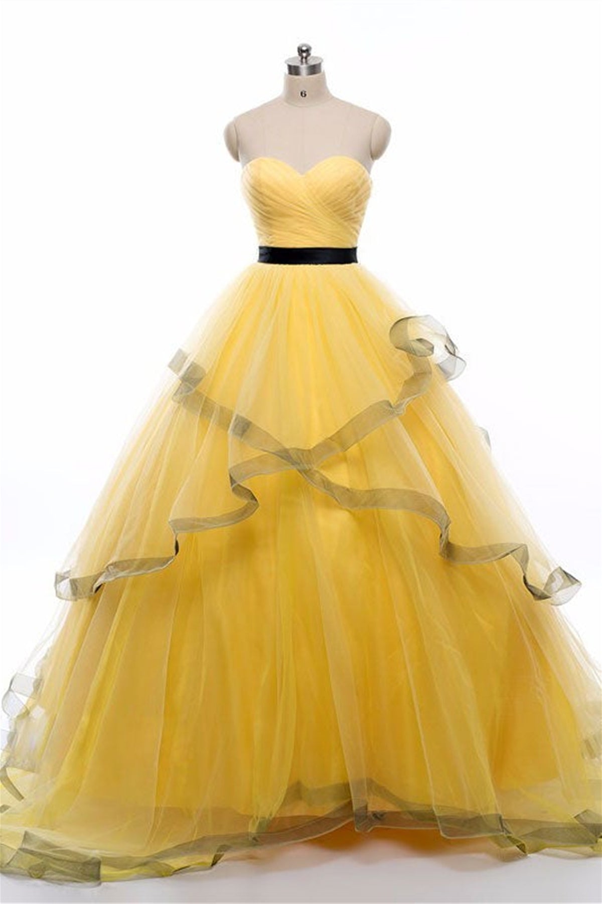 Sweetheart Neck Yellow Tulle Long Prom Dresses, Strapless Yellow Formal Dresses, Yellow Evening Dresses