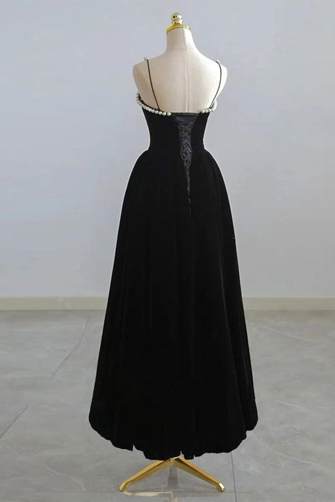 black velvet tea length dress Retro Tea Length Black Velvet Party Dress Beaded Vneck with Sleeves - $88.9776 #MX16090