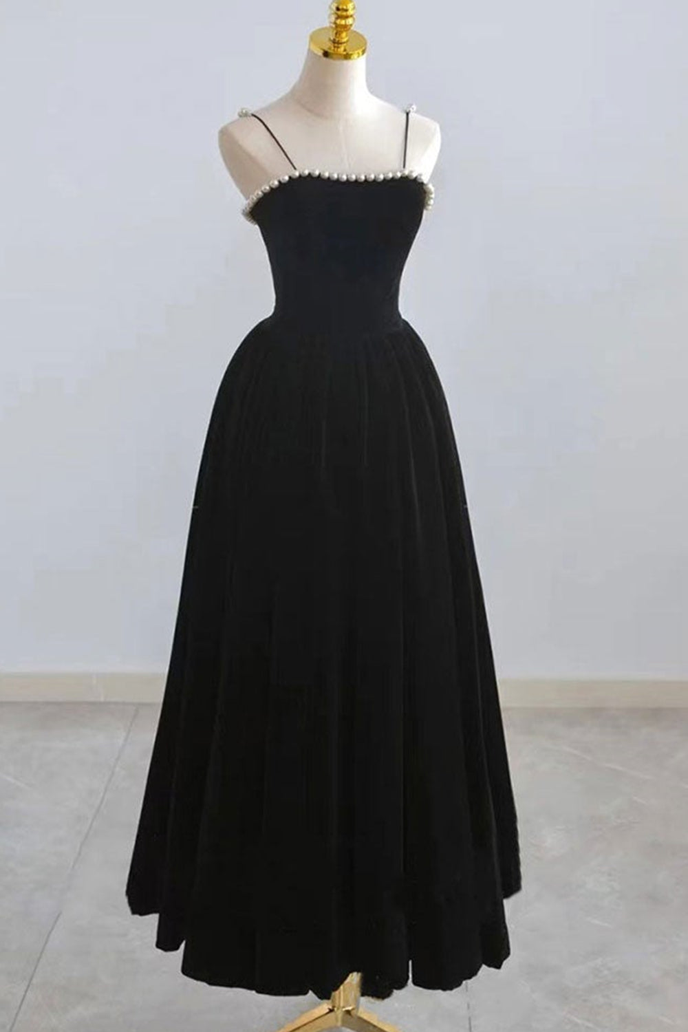 Thin Straps Black Velvet Tea Length Prom Homecoming Dresses with Pearls, Black Velvet Formal Graduation Evening Dresses