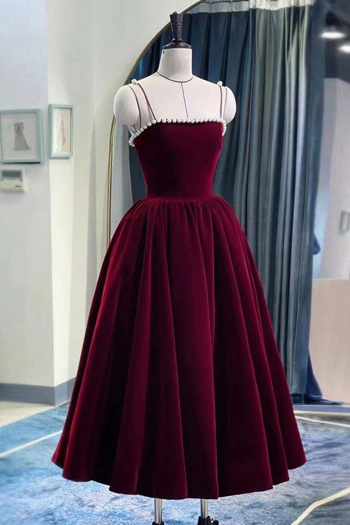 Thin Straps Burgundy Velvet Short Prom Homecoming Dresses with Pearls, Lwt Dress Thin Straps Burgundy Velvet Short Prom Homecoming Dresses with Pearls, Lwt Dress