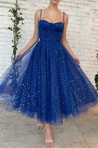 Thin Straps Open Back Blue Tea Length Prom Homecoming Dresses, Blue Tulle Formal Graduation Evening Dresses