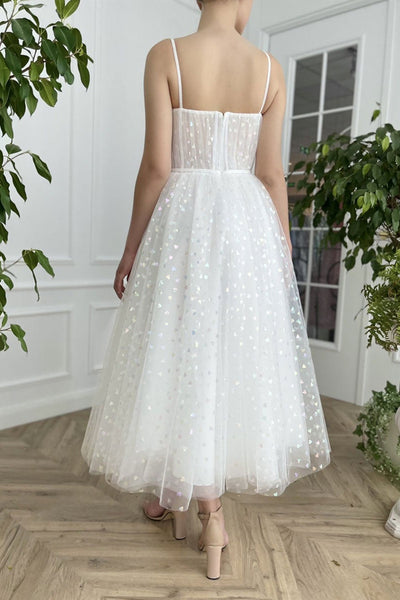 Thin Straps White Tulle Tea Length Prom Dresses, Sweetheart Neck White Formal Evening Homecoming Dresses