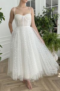 Thin Straps White Tulle Tea Length Prom Dresses, Sweetheart Neck White Formal Evening Homecoming Dresses