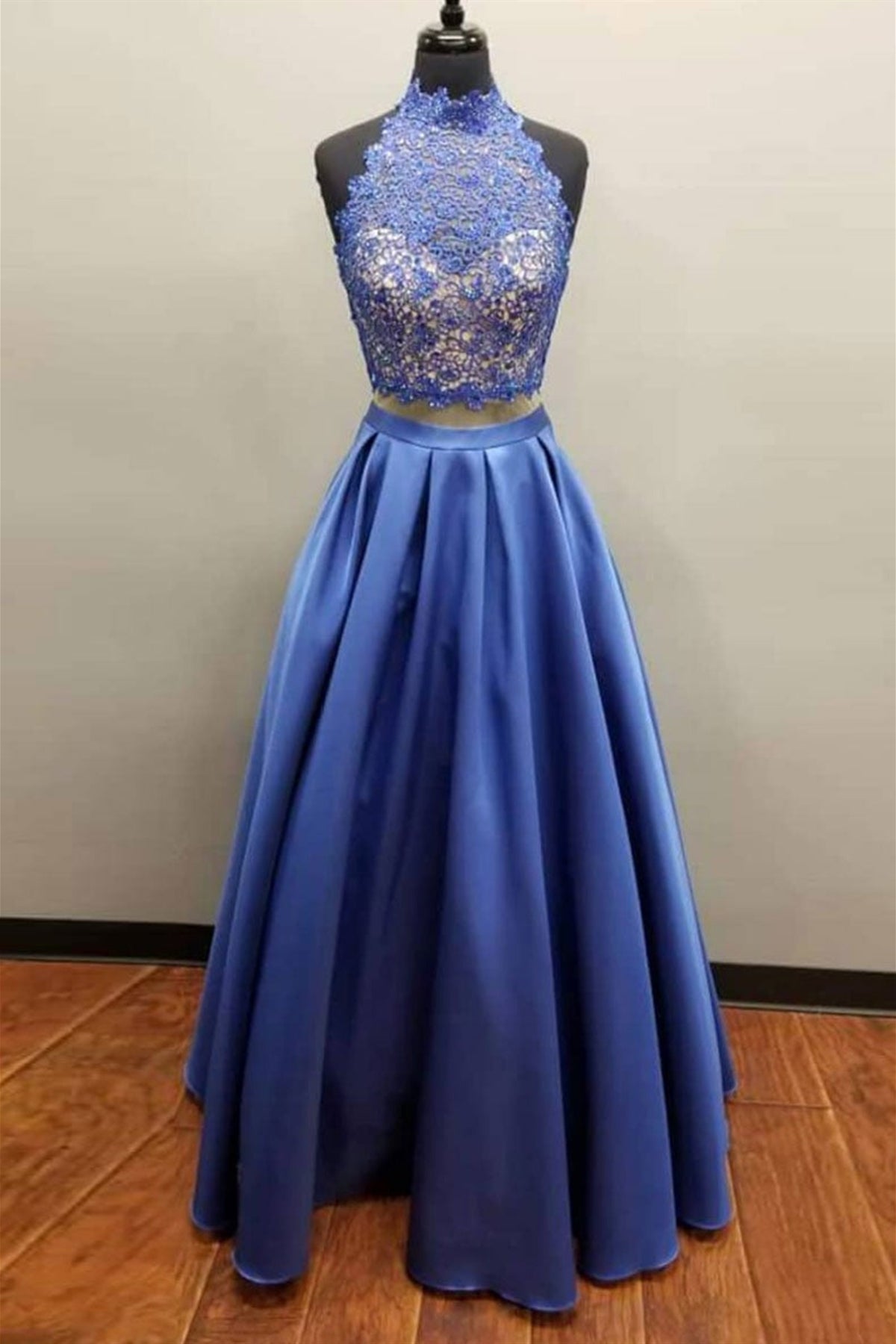 Two Piece Blue Lace Long Prom Dresses, 2 Pieces Blue Formal Dresses, B Lwt Dress Two Piece Blue Lace Long Prom Dresses, 2 Pieces Blue Formal Dresses, B Lwt Dress