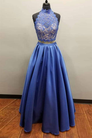 Two Piece Blue Lace Long Prom Dresses, 2 Pieces Blue Formal Dresses, Blue Lace Evening Dresses