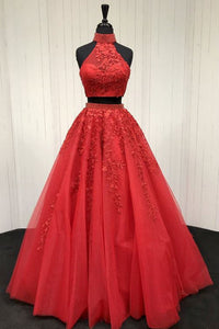 Two Piece Red Lace Beaded Long Prom Dresses, 2 Pieces Red Tulle Formal Dresses, Red Lace Evening Dresses