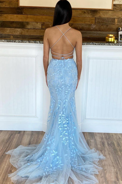 Two Pieces Mermaid Blue Lace Prom Dresses, 2 Pieces Blue Mermaid Lace Formal Graduation Dresses