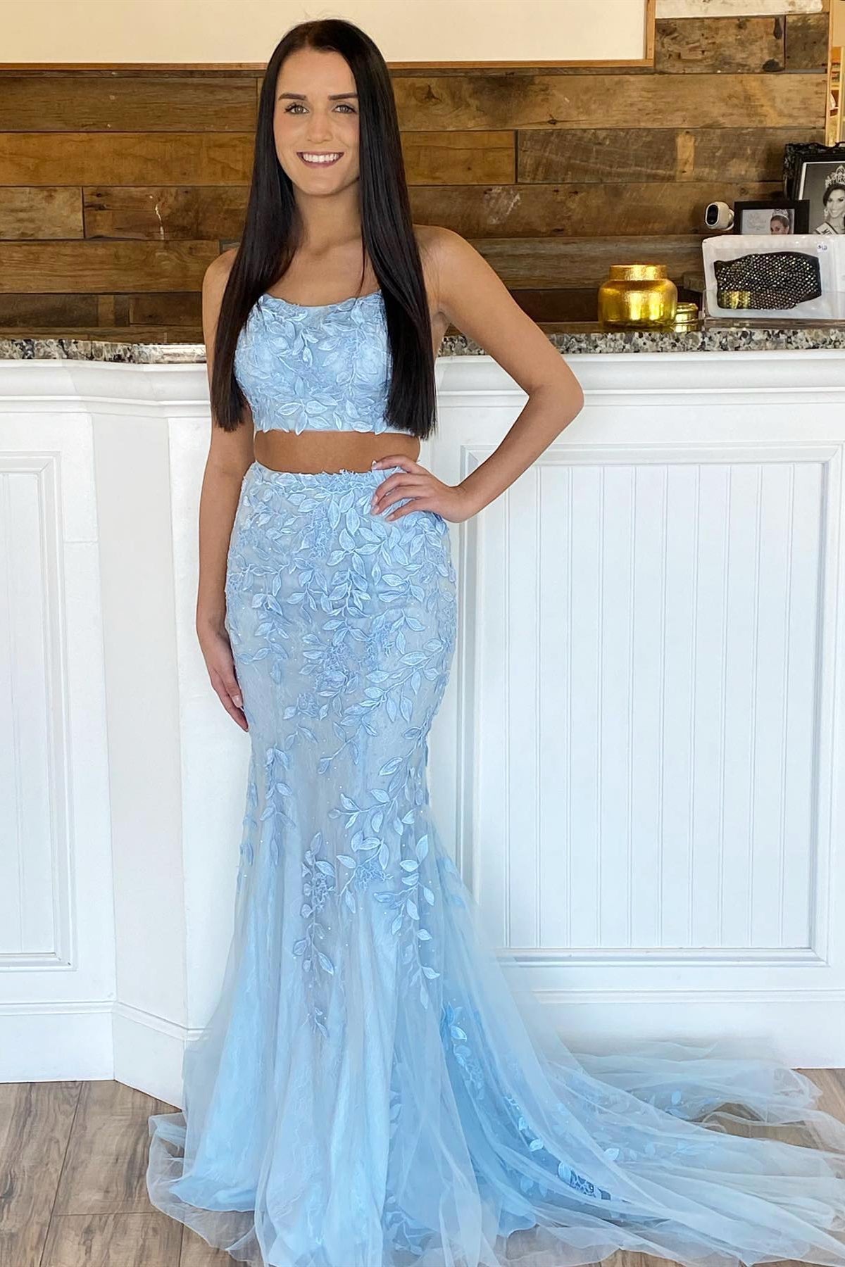 Two Pieces Mermaid Blue Lace Prom Dresses, 2 Pieces Blue Mermaid Lace Lwt Dress Two Pieces Mermaid Blue Lace Prom Dresses, 2 Pieces Blue Mermaid Lace Lwt Dress
