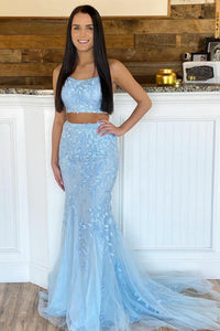 Two Pieces Mermaid Blue Lace Prom Dresses, 2 Pieces Blue Mermaid Lace Lwt Dress Two Pieces Mermaid Blue Lace Prom Dresses, 2 Pieces Blue Mermaid Lace Lwt Dress